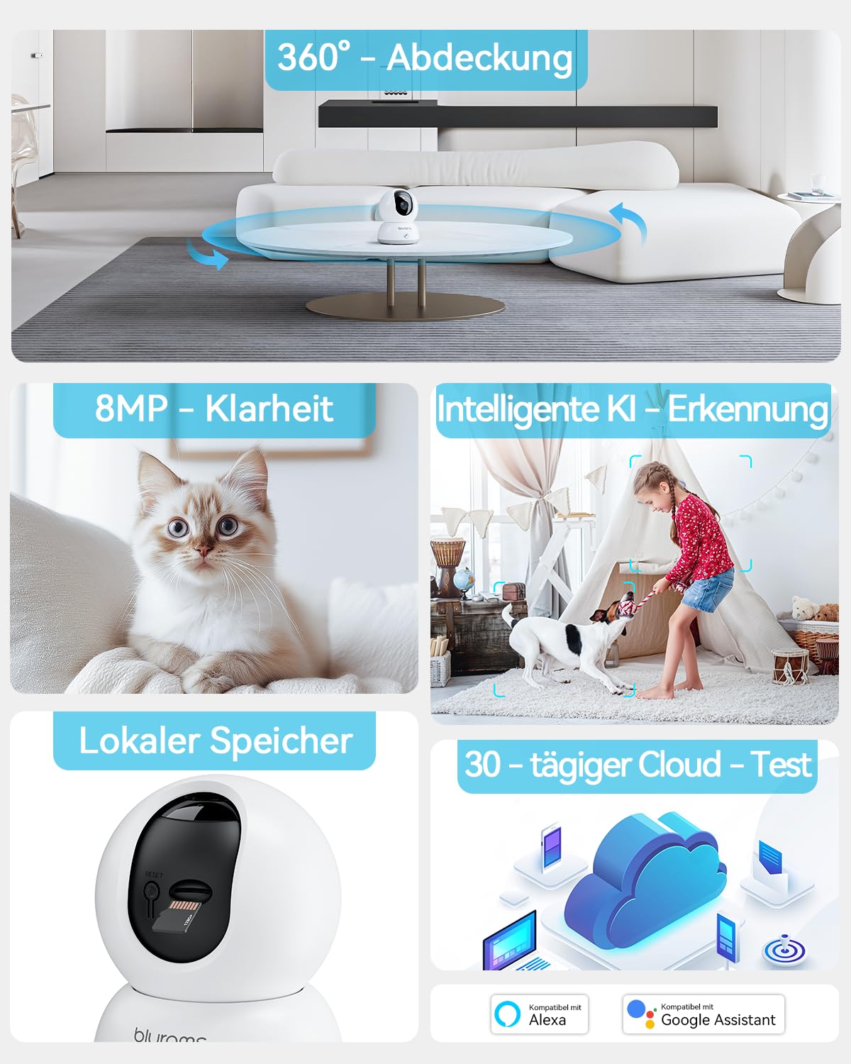 blurams 4K Kamera Überwachung innen, Überwachungskamera innen 360° Baby Monitor, Haustierüberwachung, Farbnachtsicht, Zweiweg Audio, Menschenerkennung, Wi-Fi 6 2.4G/5G, Kompatibel Mit Alexa