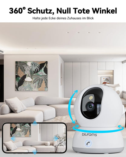 blurams 4K Kamera Überwachung innen, Überwachungskamera innen 360° Baby Monitor, Haustierüberwachung, Farbnachtsicht, Zweiweg Audio, Menschenerkennung, Wi-Fi 6 2.4G/5G, Kompatibel Mit Alexa