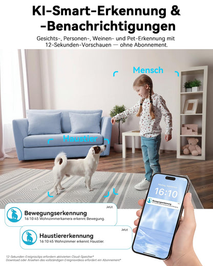 blurams 4K Kamera Überwachung innen, Überwachungskamera innen 360° Baby Monitor, Haustierüberwachung, Farbnachtsicht, Zweiweg Audio, Menschenerkennung, Wi-Fi 6 2.4G/5G, Kompatibel Mit Alexa