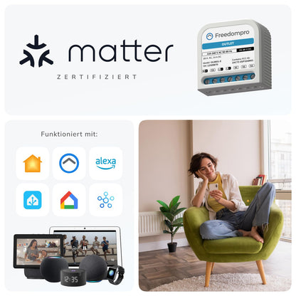 Freedompro Smart WiFi-Schalter steuert 1 Steckdose, Energieüberwachung, Smart Home MINI-Relaismodul, kompatibel mit Matter, Apple HomeKit, Alexa, Google, 110–240 V, 16 A, Unterputzdose
