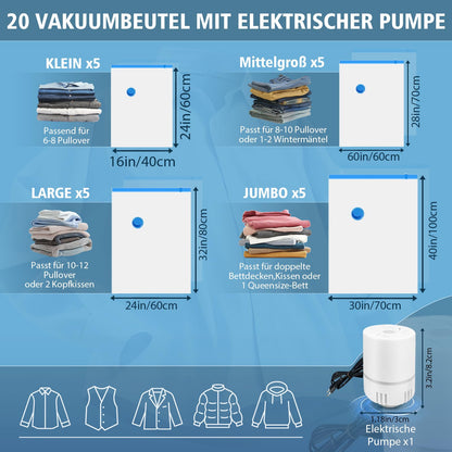 NATNAV Vakuumbeutel für Kleidung 20 Stück mit Elektrischer Luftpumpe Vakuumierbeutel (5xJumbo/5xGroß/5xMittel/5xKlein) Wiederverwendbar Vakuumbeutel für Bettdecken,Kleidung,Reise,Kissen
