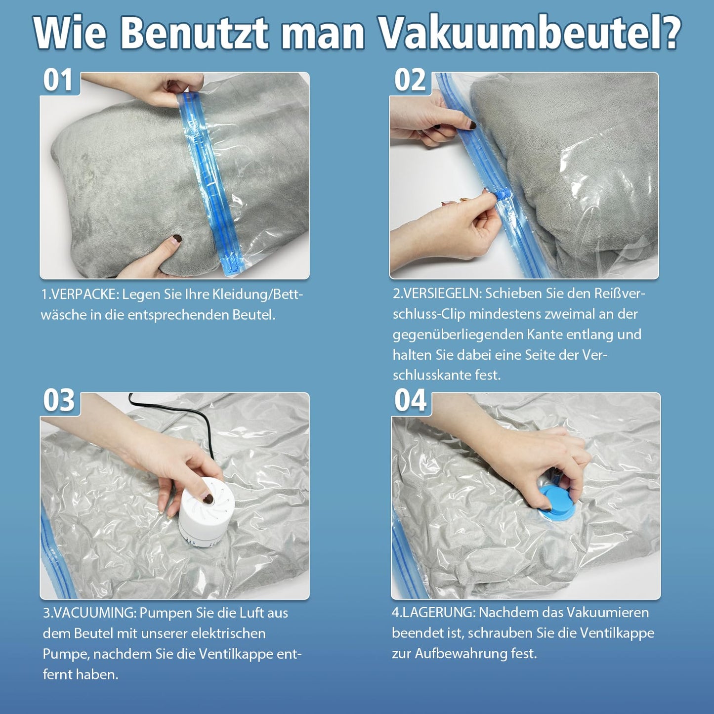 NATNAV Vakuumbeutel für Kleidung 20 Stück mit Elektrischer Luftpumpe Vakuumierbeutel (5xJumbo/5xGroß/5xMittel/5xKlein) Wiederverwendbar Vakuumbeutel für Bettdecken,Kleidung,Reise,Kissen