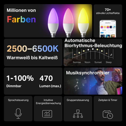 Tapo L430C(4-pack) Smarte WLAN Glühbirne E14, 470 Lumen, 16 Mio. Farben, dimmbar, Zeitplan & Timer, Energieüberwachung, Kompatibel mit Alexa, Google Assistant und Samsung SmartThings