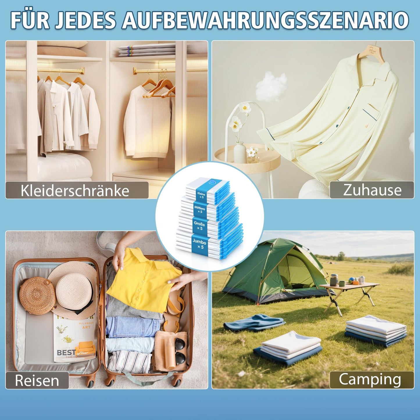 NATNAV Vakuumbeutel für Kleidung 20 Stück mit Elektrischer Luftpumpe Vakuumierbeutel (5xJumbo/5xGroß/5xMittel/5xKlein) Wiederverwendbar Vakuumbeutel für Bettdecken,Kleidung,Reise,Kissen